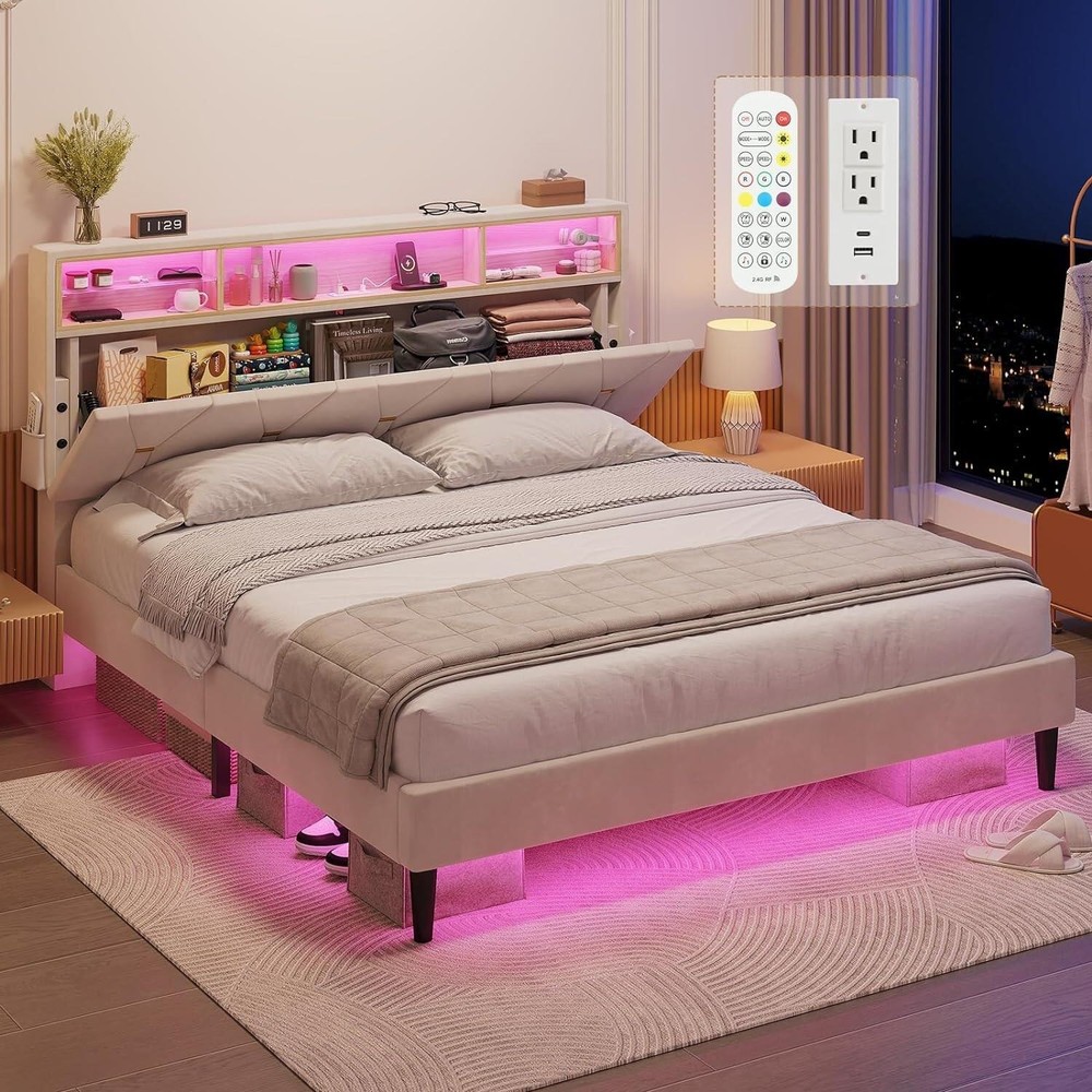 Bed Frame Storage Headboard RGB LED Lights Upholstered Platform