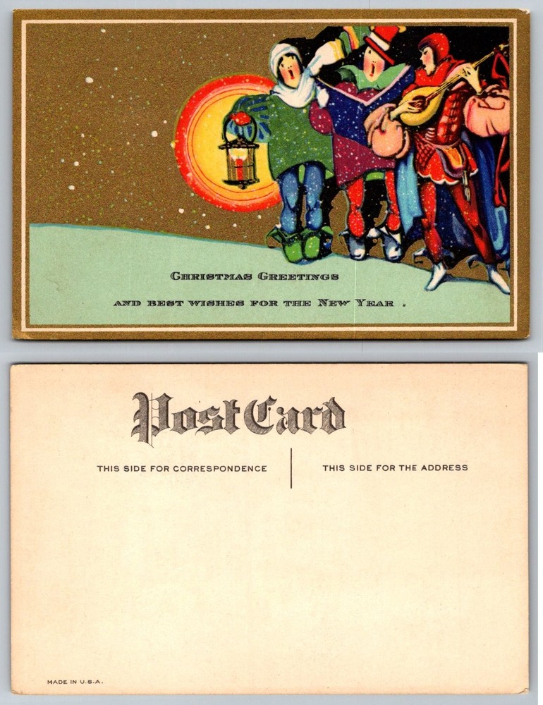 Vintage Christmas Carolers Minstrels Postcard - Starry Night Lantern Music