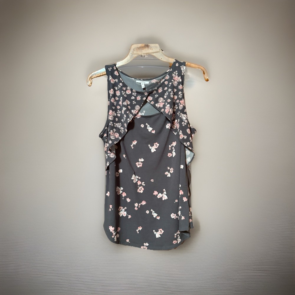 Maurices Sleeveless Floral Double Layer Cutout Blouse Top Gray Pink Size M