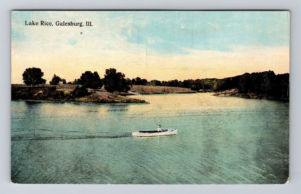 Galesburg IL-Illinois, Lake Rice, Scenic, Boat on Water, Vintage Postcard