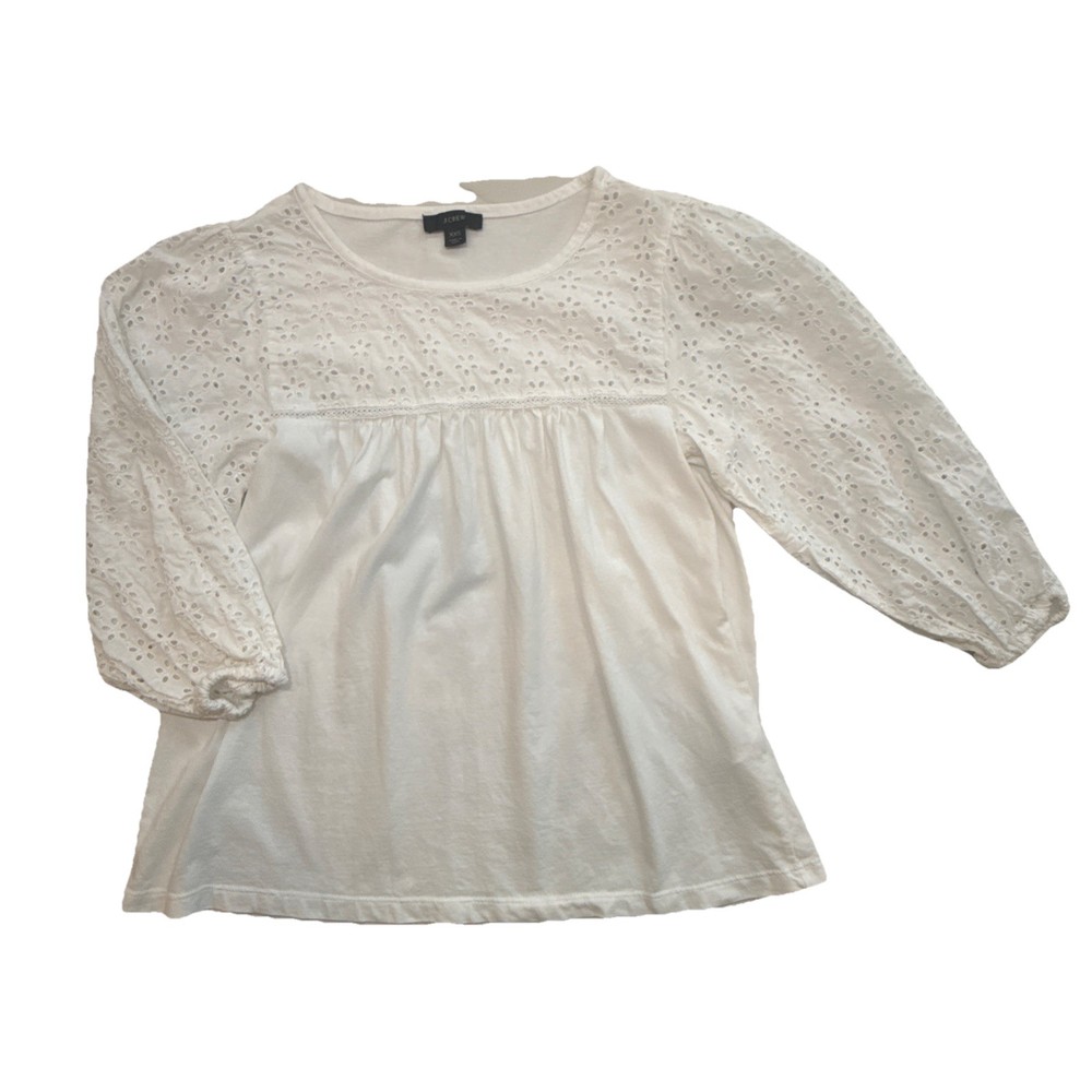 J.Crew Women Eyelet Blouse White Puff Sleeve Boho Cottagecore XXS