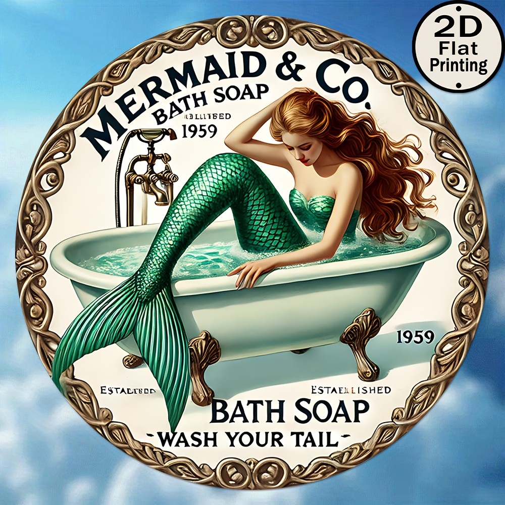 [2D Flat] 1pc Vintage Mermaid Bath Soap Metal Wall Art -Tin Metal Signs 8x8 Inch