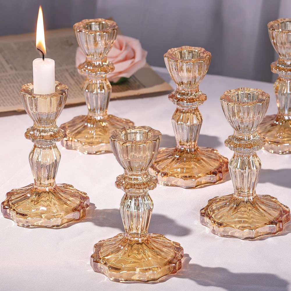 Glass Candlestick Holders Bulk, 6PCS Gold Taper Candle Holders for Table Cent...