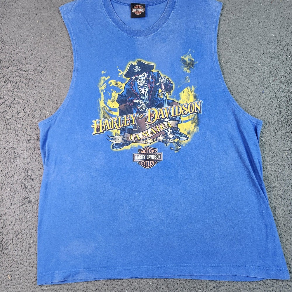 Harley-Davidson Shirt Mens Large Blue Blackbeard's Revenge Jamaica Pirate Skull