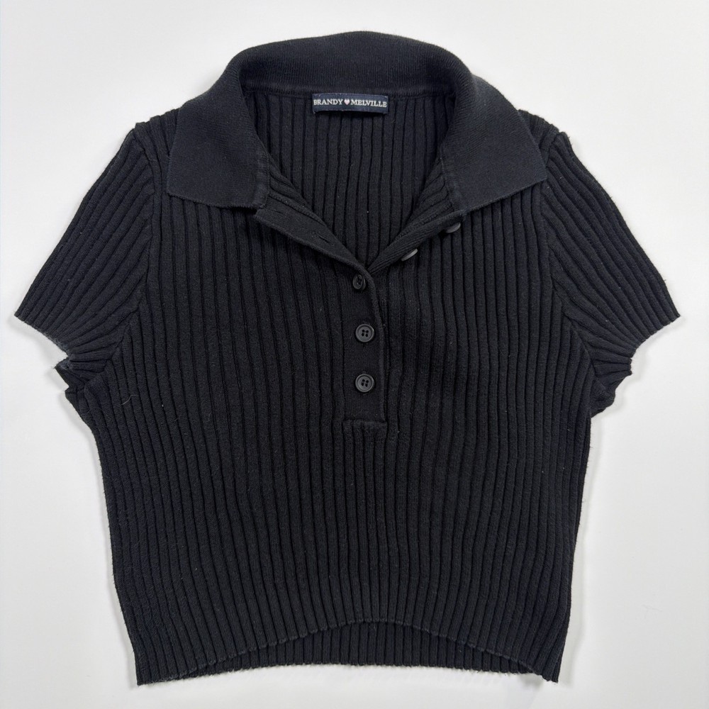 Brandy Melville Bridget Black Ribbed Collared Crop Top Cotton