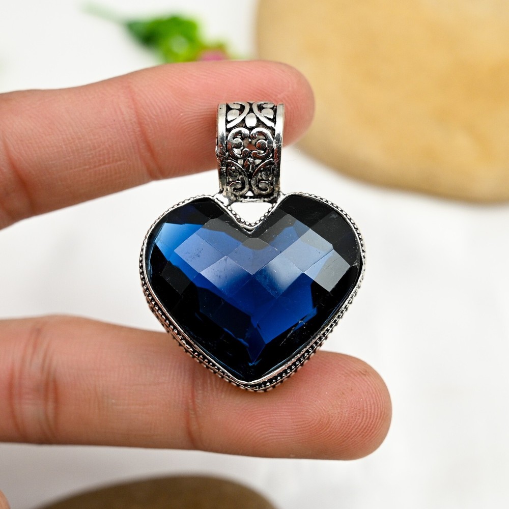 Blue Sapphire Gemstone Heart Pendant 925 Sterling Silver Handmade Jewelry Gift