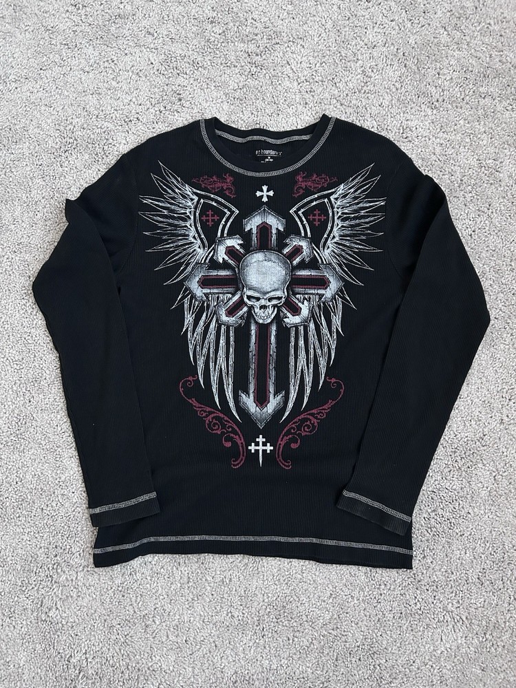 Y2K Thermal Long Sleeve Mens M Black Grunge Skull Wings No Boundaries