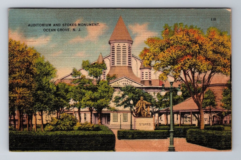 Ocean Grove NJ-New Jersey, Auditorium & Stokes Monument, c1945 Vintage Postcard