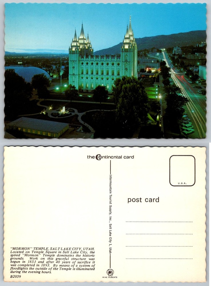 Vintage Mormon Temple Salt Lake City Utah Night View Continental Postcard