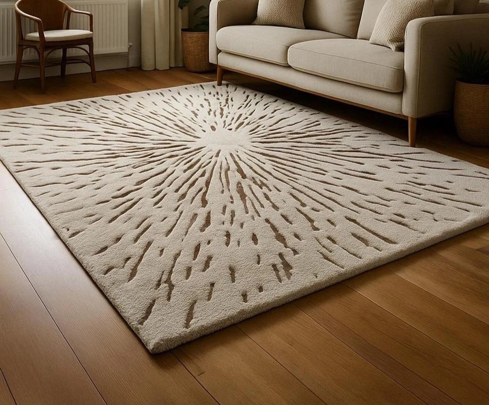 8x10 Modern Abstract Hand Tufted Wool Area Rug Neutral Sunburst Carpet