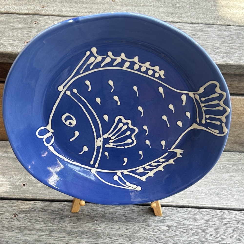 MCM La Ceramica Hand Painted Made in Italy Blue/White Fish 11” Decorative Plate
