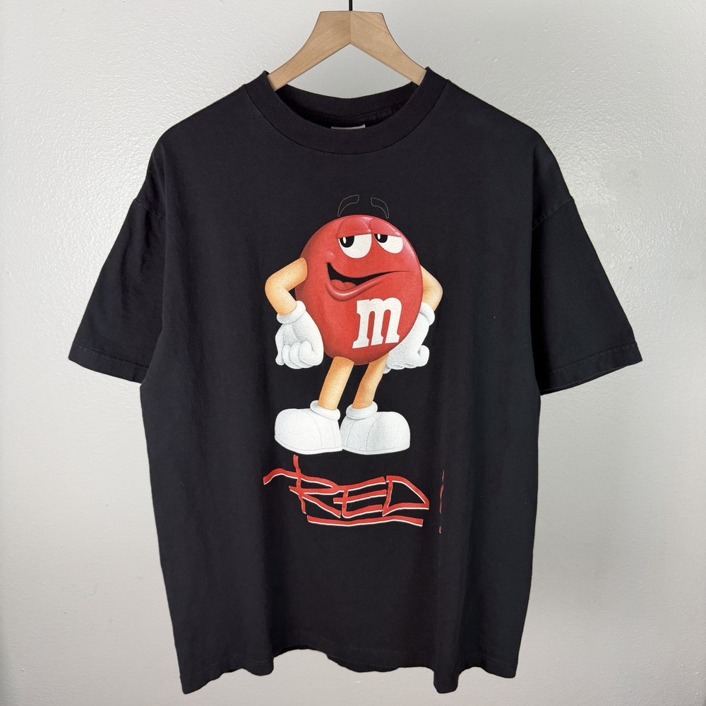 Y2K M&Ms Red Mars Candy Promo Humor Spell Out Vintage Black T Shirt Size XL