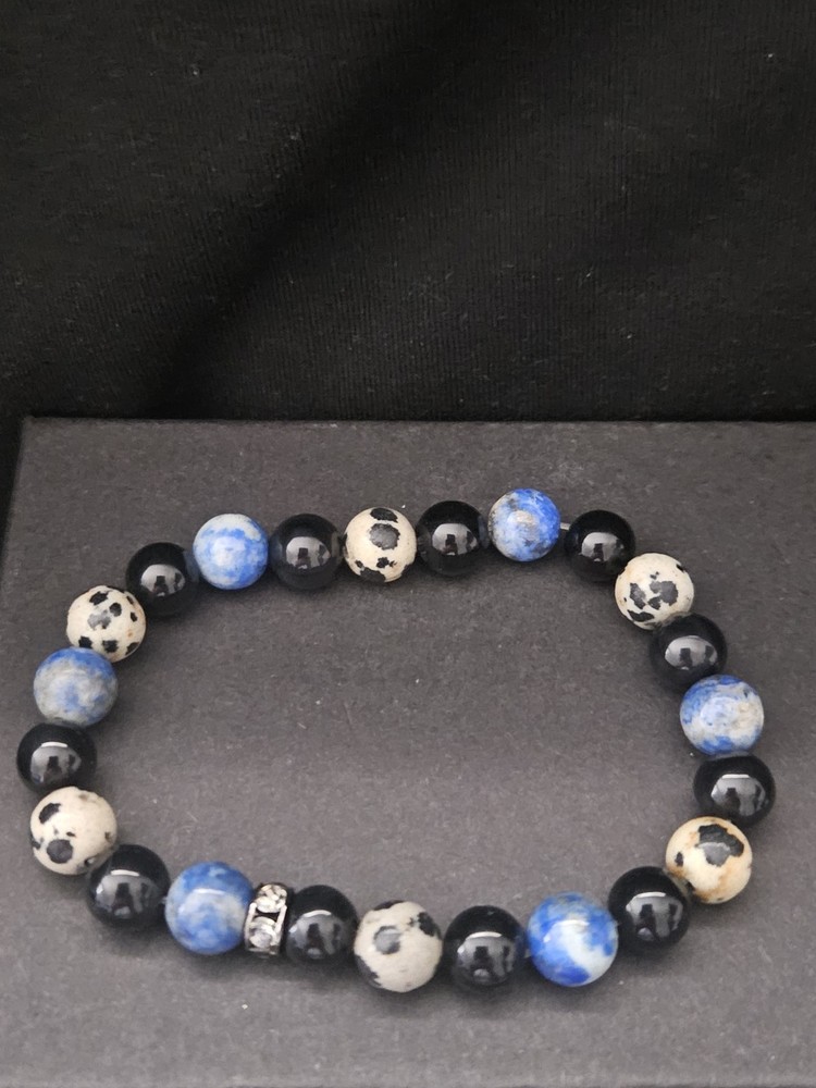 Blue Agate, Black Onyx,Jasper Handcrafted Stretch Bracelet With Rhinestone Space