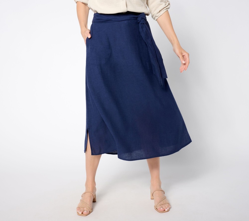 Denim & Co. Women's Skirt Sz S Linen Blend Midi Belt Blue A654649