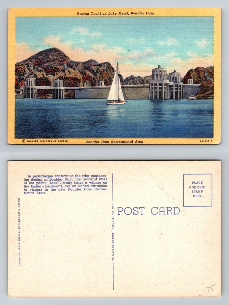Boulder Dam, NV-Nevada Racing Yacht on Lake Mead Dam Recreation Vintage Postcard