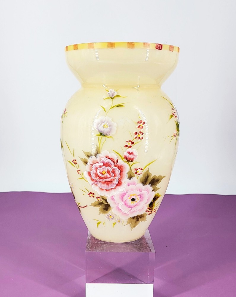 Victorian Hand-Painted Floral Ivory Glass Vase for Cottagecore Decor