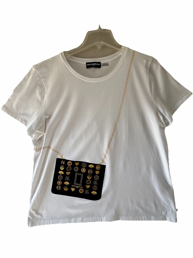 Karl Lagerfeld Paris Large Graphic T Shirt White Chain Purse Print NWT