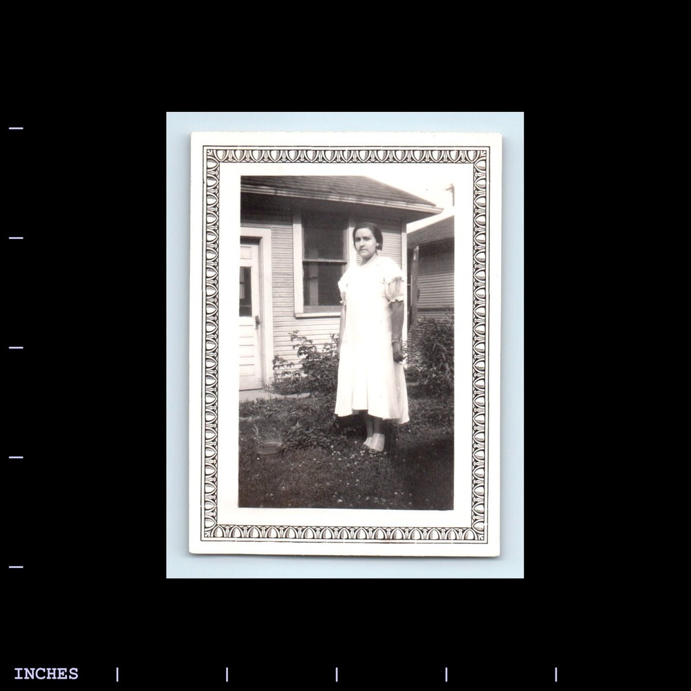 Old Vintage Photo WOMAN OUTSIDE HOUSE DECORATIVE BORDER