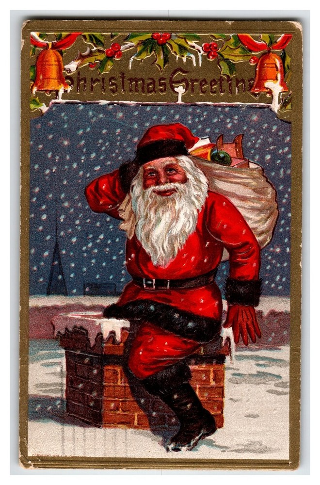 Vintage 1910 Embossed Santa Claus Christmas Postcard Holiday Greeting
