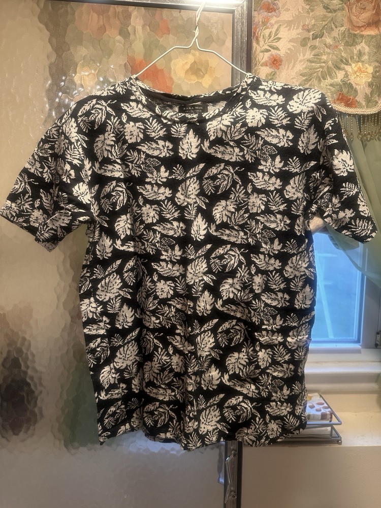 ZARA MAN Black/White Floral Knit Cotton Crew Neck Short Sleeve T-Shirt EUR S