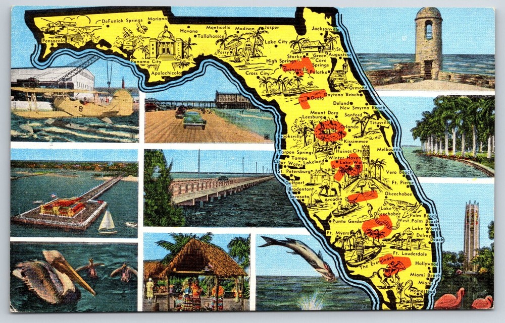 State Map~Florida~Key To Views~Havana~Ft Pierce~Ormond~Vintage Linen Postcard