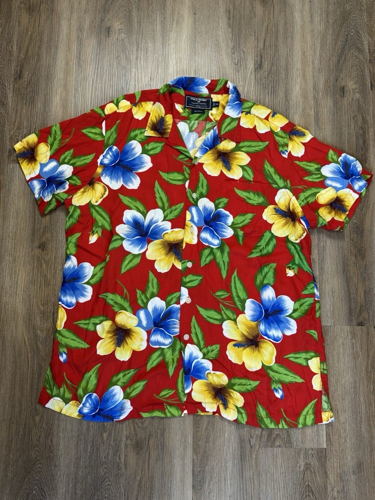 Vintage Polo Sport Ralph Lauren Hawaiian Rayon Loop Collar Shirt Size XL