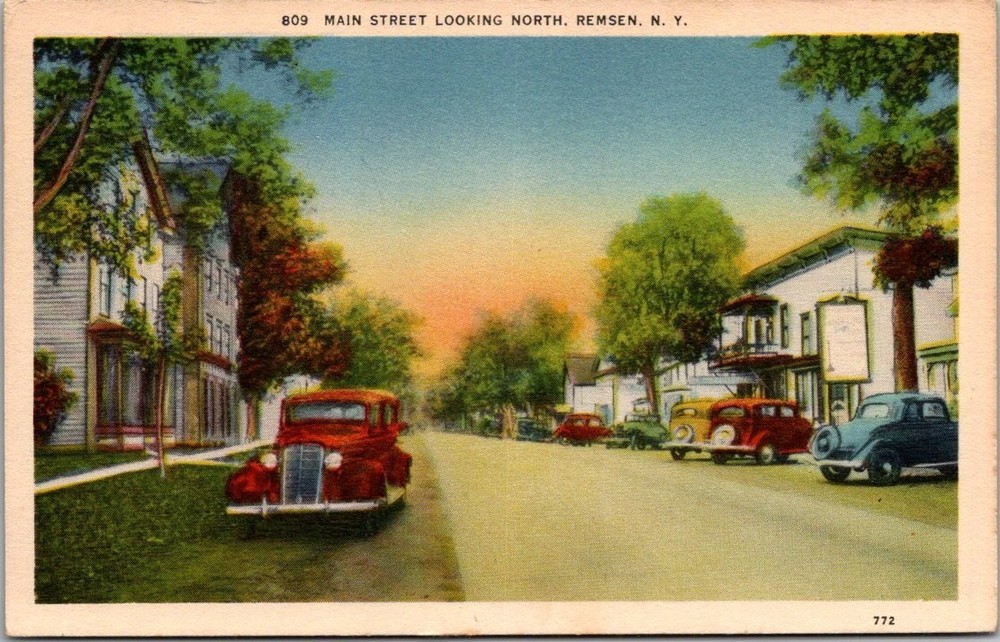 Vintage Remsen NY Main Street North Postcard 1930s Cars Standard Supply Co