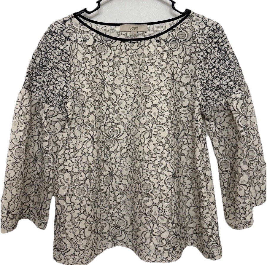 LOFT Lace Floral Blouse Ivory Black Smocked Long Sleeve Size S