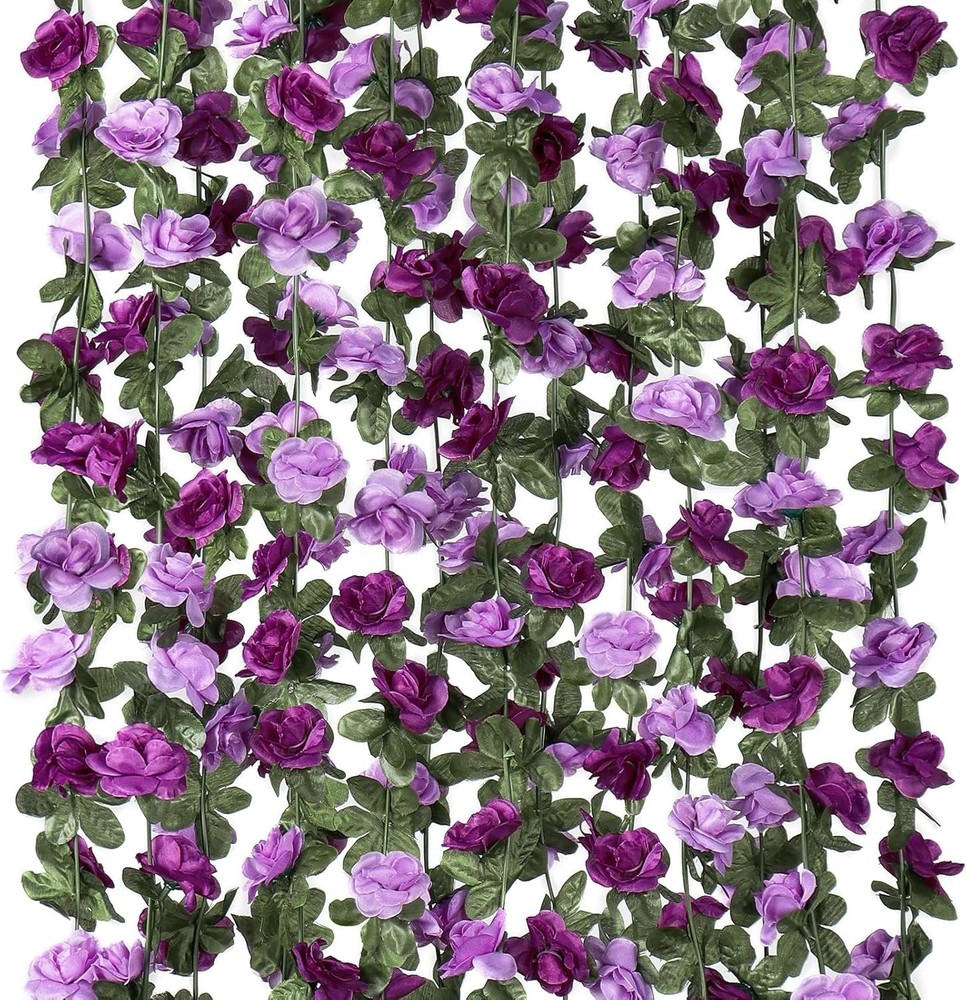 5 Pack 40 FT Artificial Flower Garland, Fake Purple Roses Vines Silk Flowers ...