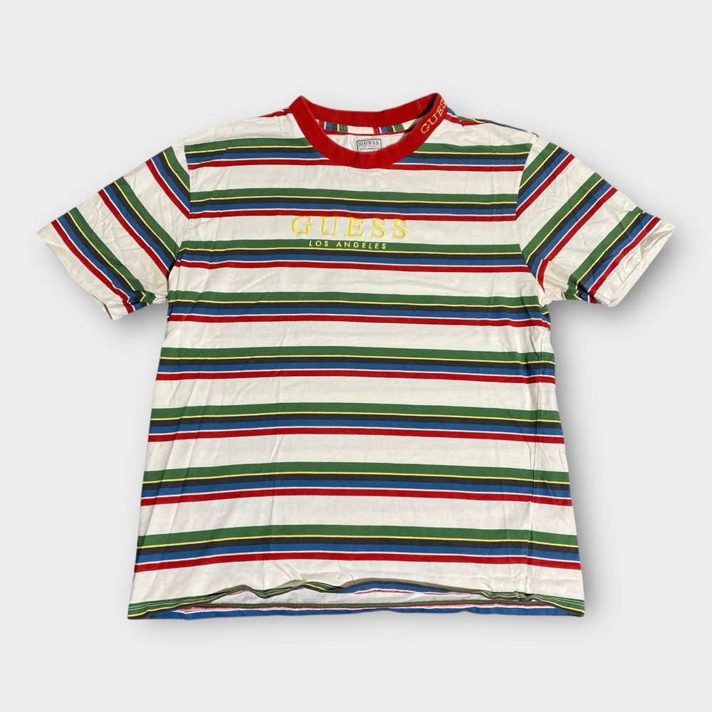 Guess Shirt Men Medium Striped Colorful Embroidered Logo Y2K Los Angeles A$AP