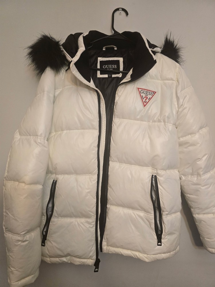 GUESS MENS WHITE WINTER QUILTED FAUX FUR HOODED PUFFER JACKET SIZE LARGE