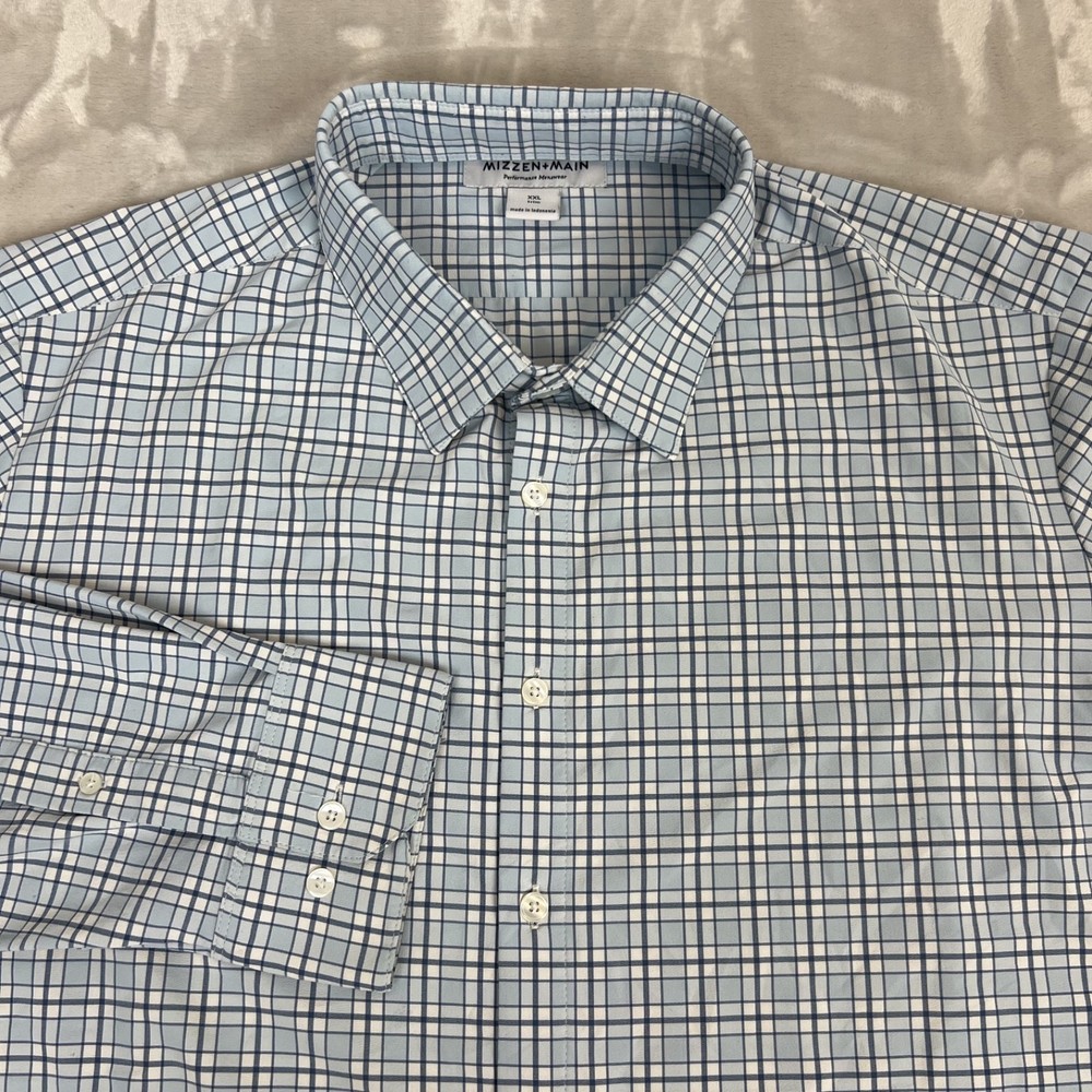 Mizzen Main Shirt Mens XXL Trim Blue Plaid Performance Button Up Preppy Casual