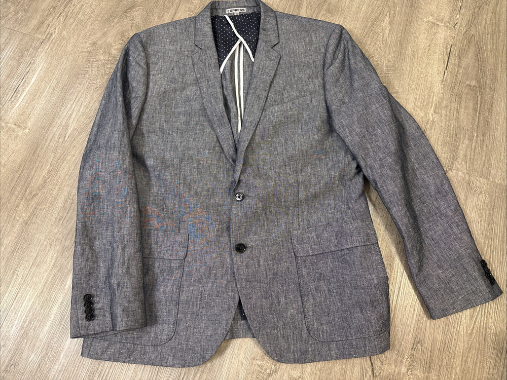 Express Photographer Men's Fitted Sport Coat 44R Blue Linen Cotton blend Blazer