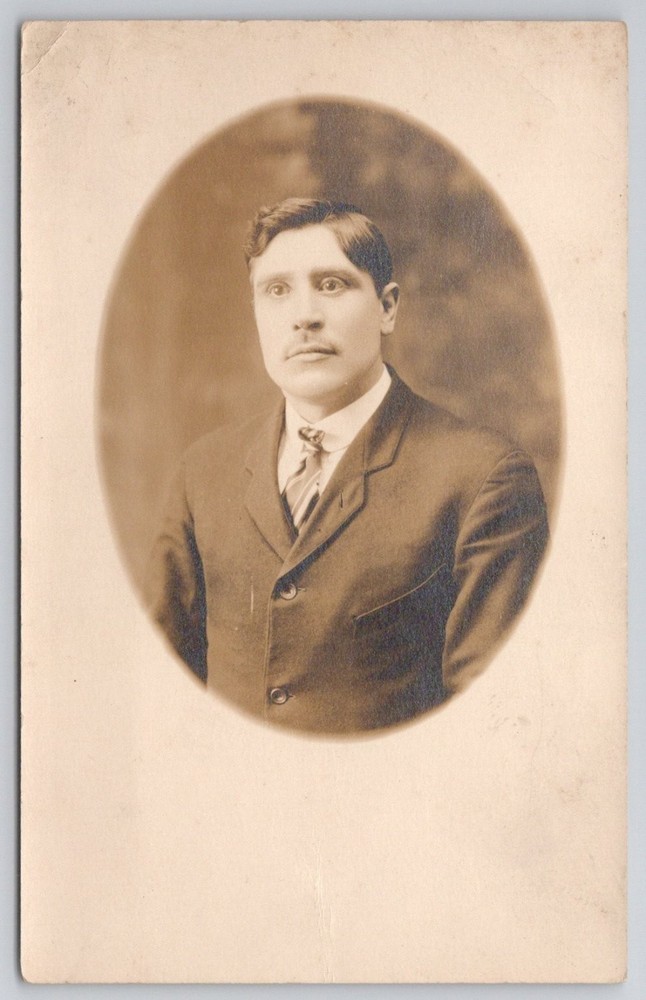 Vintage RPPC Portrait Man Mustache Suit Tie Philadelphia Studio Postcard