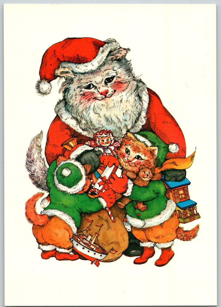 1987 Santa Cat Presents Unposted Evelyn Gathings Original Illustration Postcard