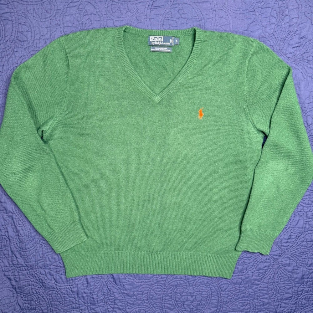 Polo Ralph Lauren Men's Green Lambs Wool V-Neck Sweater Orange Pony Logo Size L