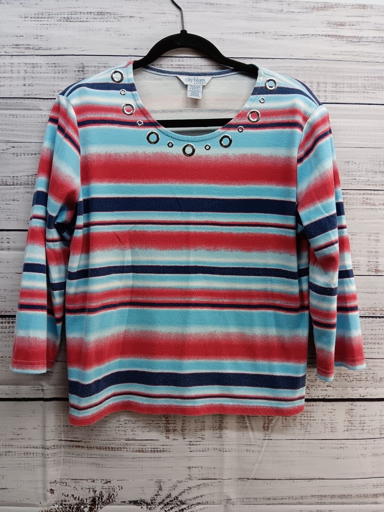 City Blues By Koret Blouse Women's Size Medium Colorblock 3/4 Sleeve Cotton Blen