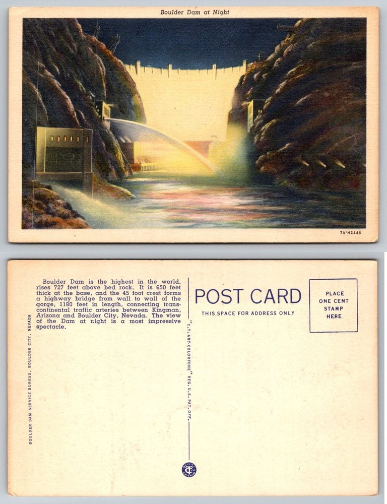Boulder Dam at Night Nevada Arizona Vintage 1937 Colortone Postcard Curt Teich