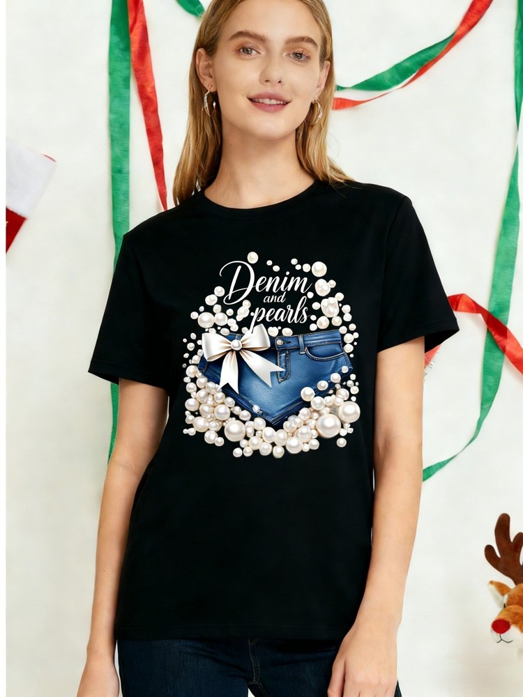 Women Denim and Pearls Heart Graphic T-Shirt Casual Summer Crew Neck White Tee