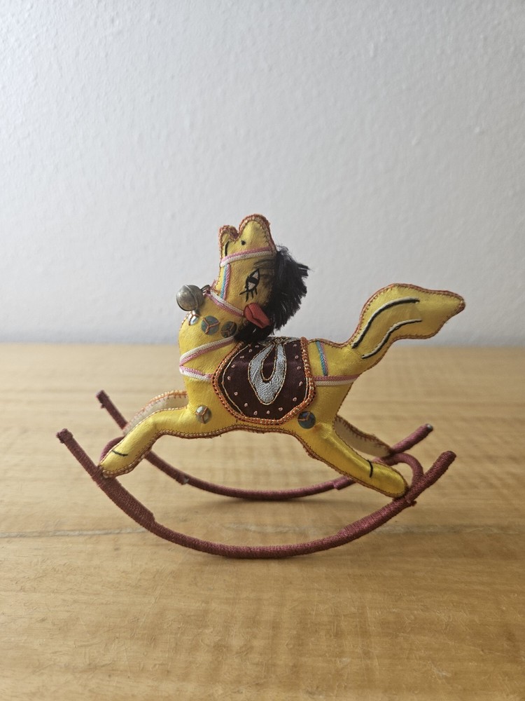 Rocking Horse Christmas Ornament Embroidered 1 piece, YELLOW WITH BELL