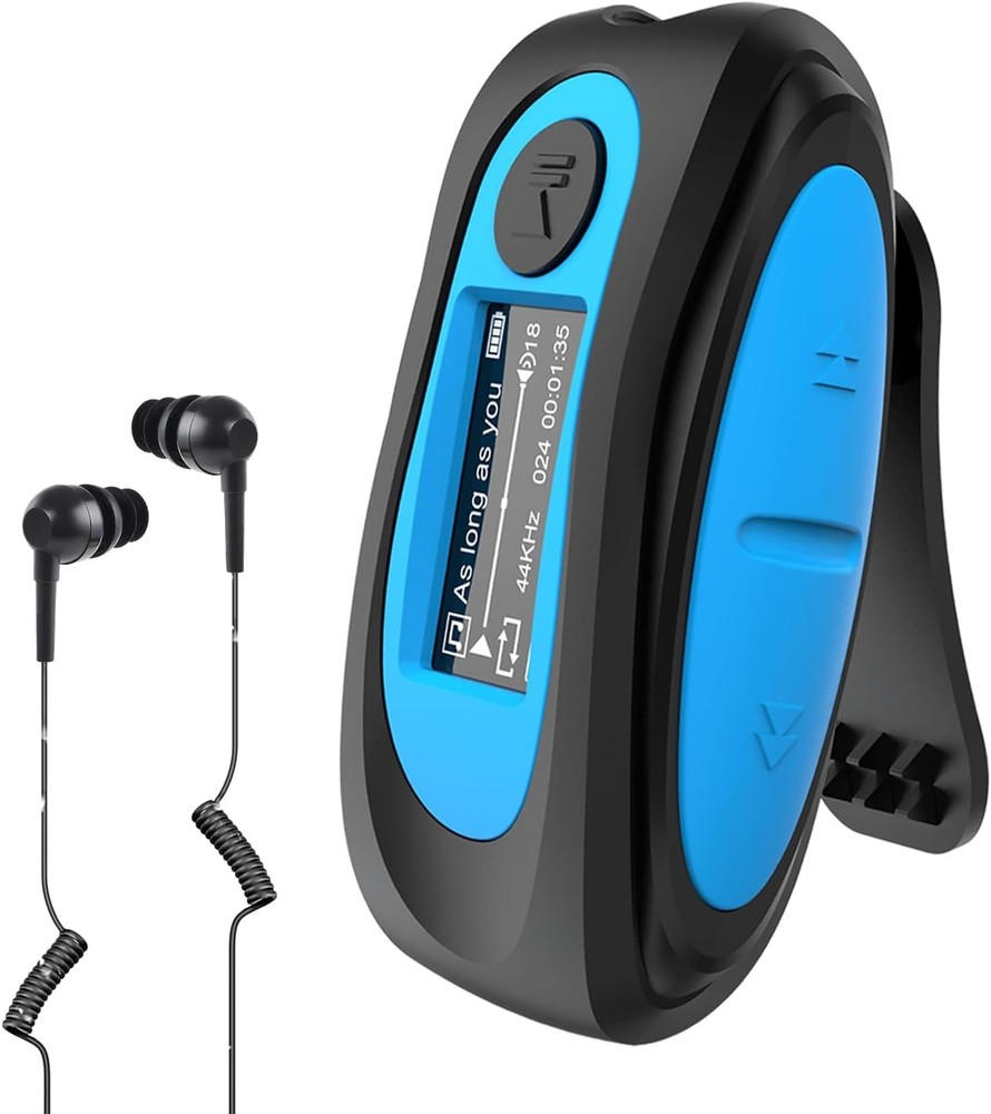 IPX8 Waterproof MP3 Player with Screen & Clip, Includes Swim Headphones