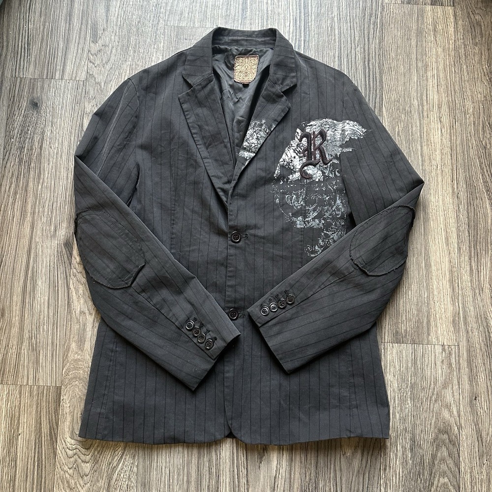 ROAR Pinstripe Vtg Blazer Size L Black Punk Y2k Grunge Embroidery w Elbow Pads