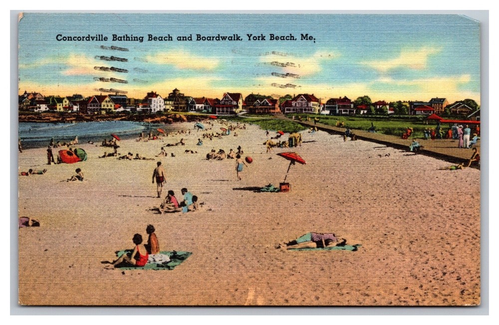 York Beach ME Concordville Bathing Beach & Boardwalk Linen Postcard Posted 1958