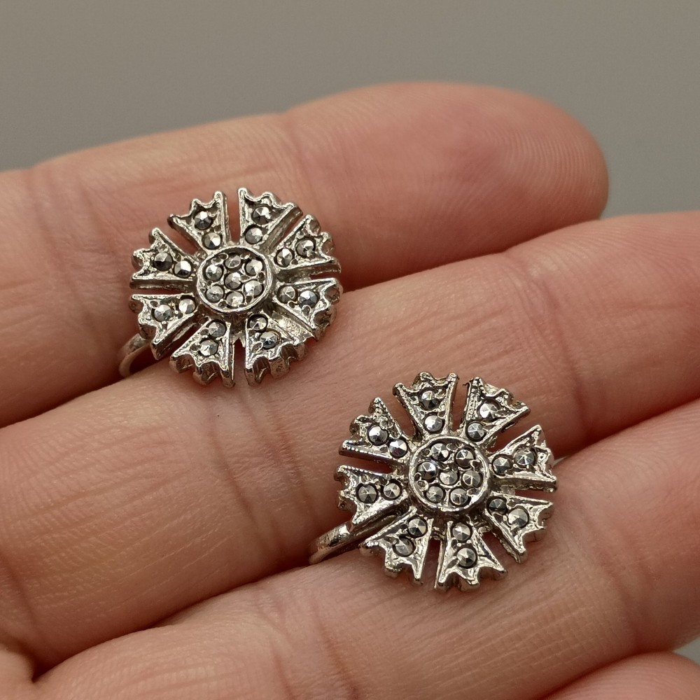 Vintage Flower Earrings Marcasite Silver Tone Screw Back