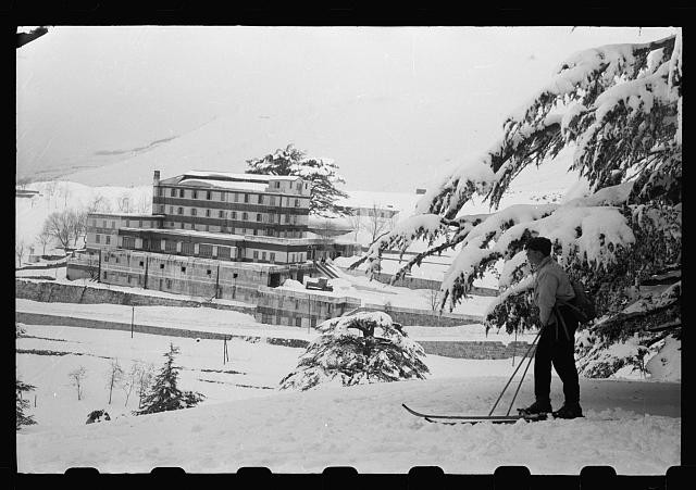 Grand Hotel des Cedres among Cedars of Lebanon in snow,skier,March 1946