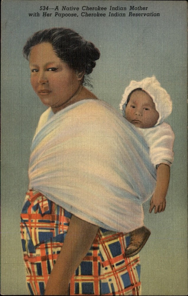 Cherokee Indian Reservation North Carolina Mother & baby vintage linen postcard