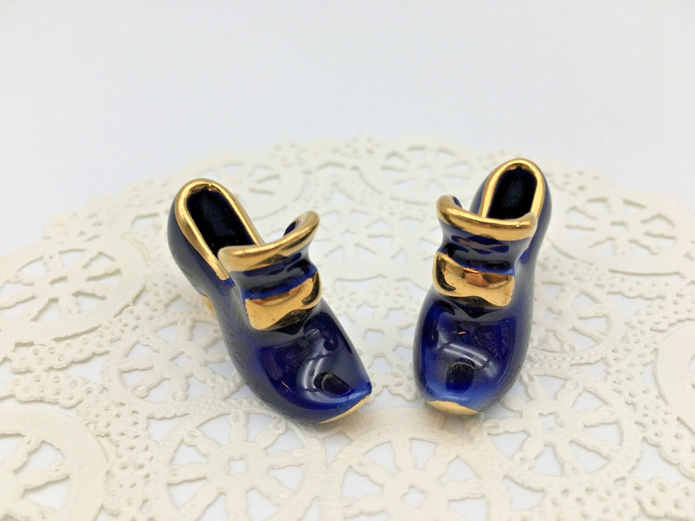 Vintage Limoges France Porcelain Miniature Shoe Figurines Cobalt Blue Gold Pair