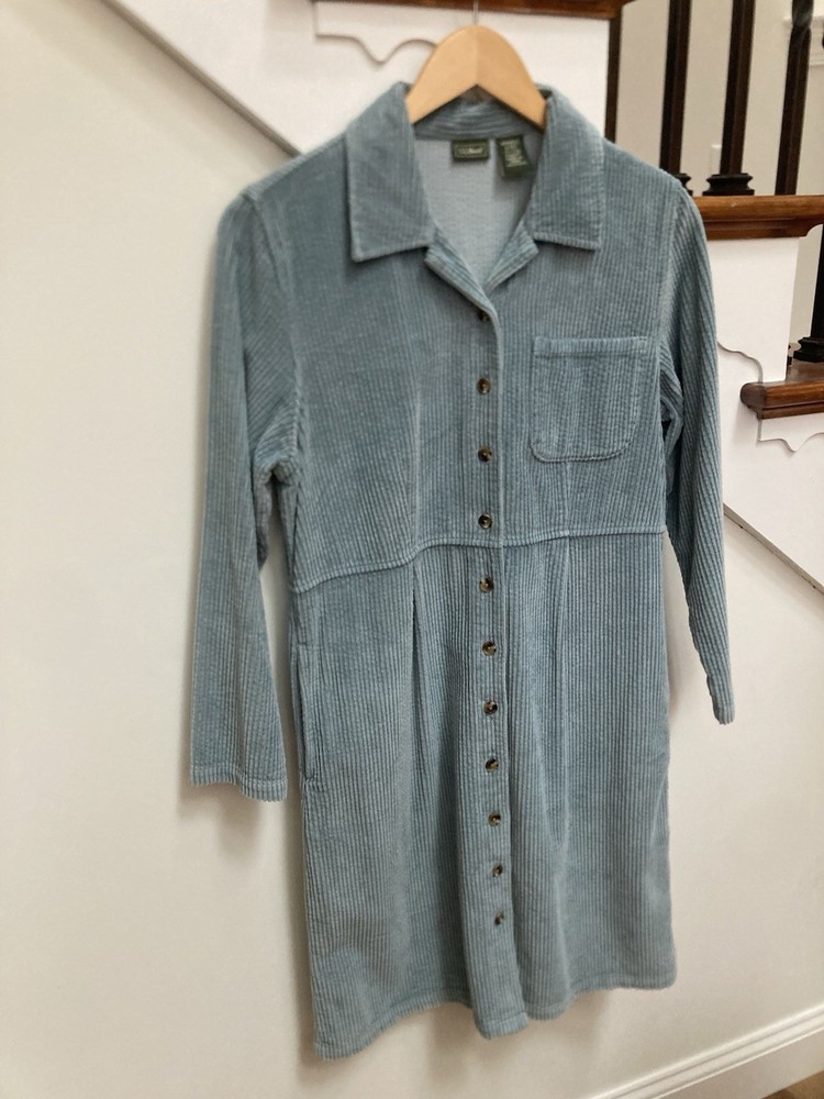 L.L. Bean Button Down Corduroy Dress In Dusty Blue, Size 8 Petite, Vintage