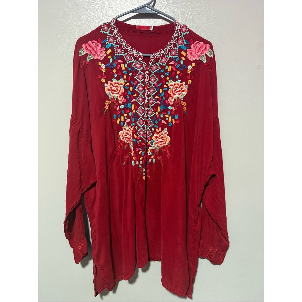Johnny Was Embroidered Floral Boho Tunic Top Red XL