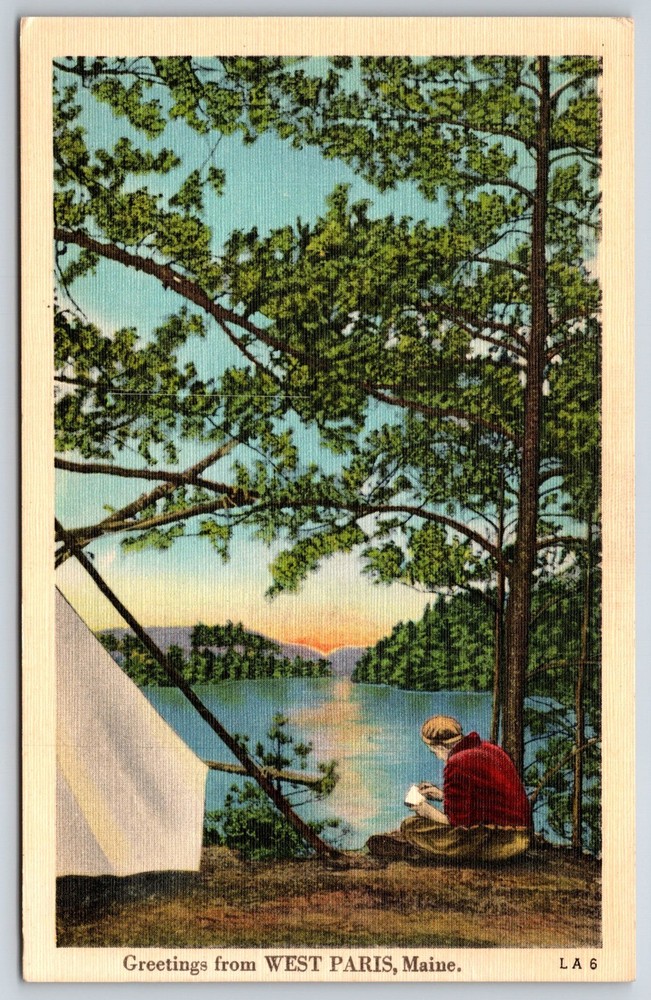 Greetings From West Paris Maine~Man @ Camp On Lake Shore~Vintage Linen Postcard